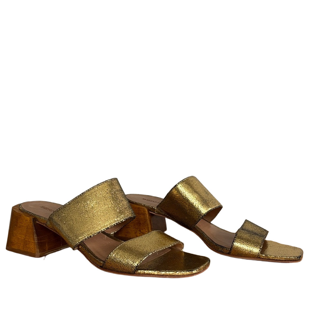 Bernardo Y2K Bri Metallic Gold Crackle Leather Slide Sandals Chunky Heel - Picture 2 of 10